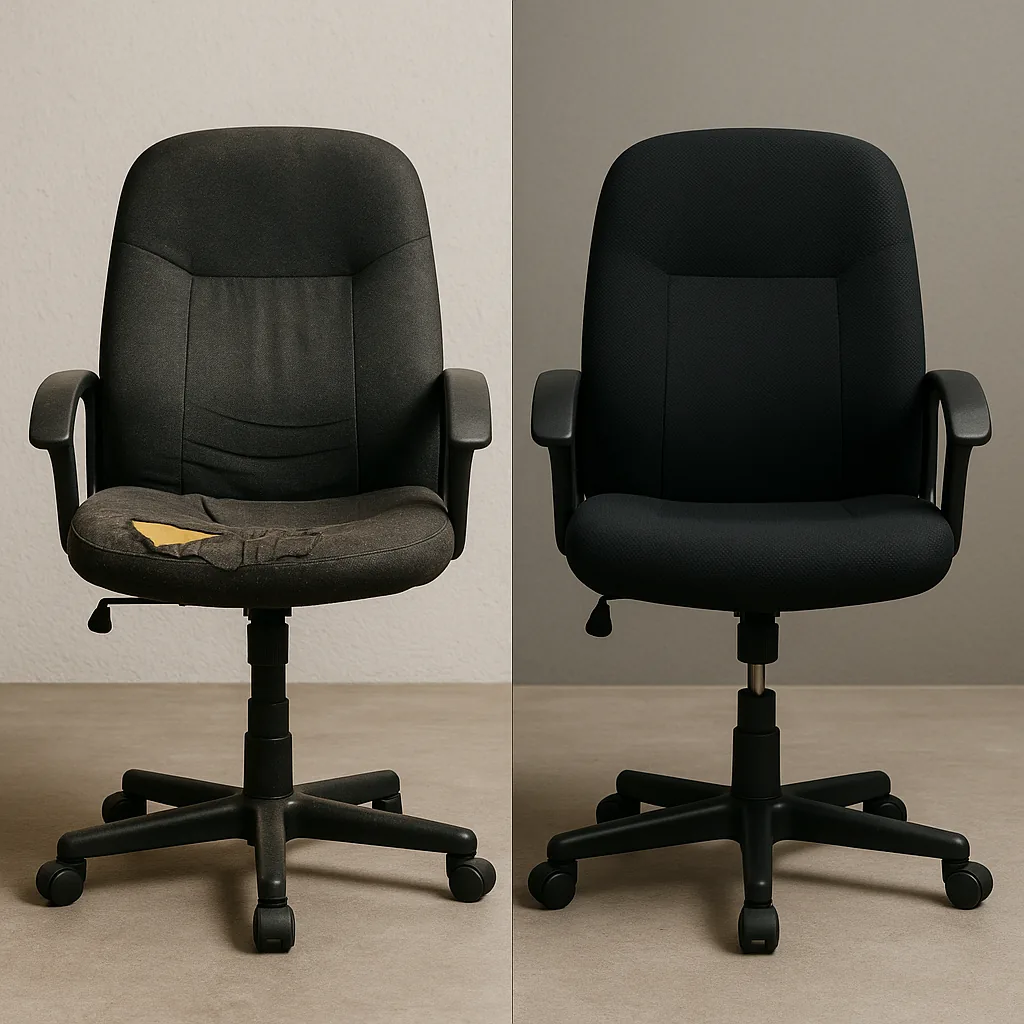 Comparação entre uma cadeira de escritório desgastada e a mesma cadeira depois da reforma